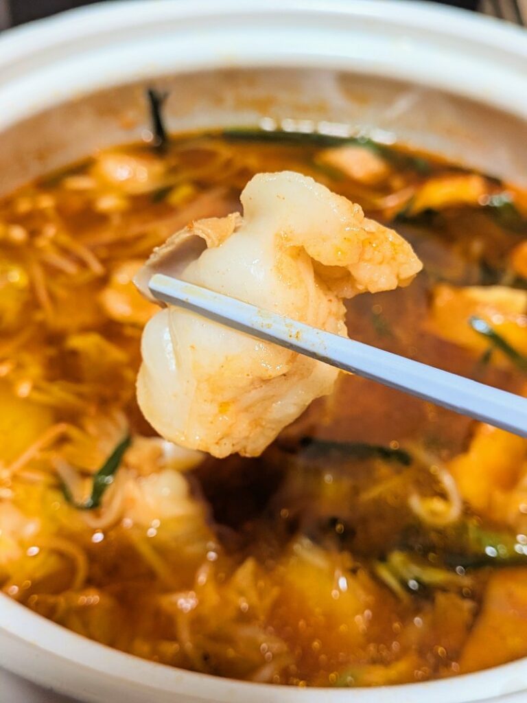 赤から鍋から大ぶりのプリプリホルモンをお箸で掴んでアップに見せてる写真