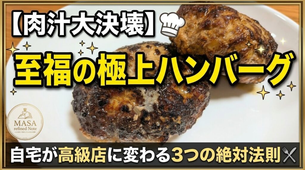 白いお皿に盛り付けられた、焼き色がついた肉汁たっぷりの極上ハンバーグ